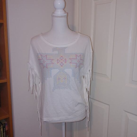 Moral Fiber Fringe Aztec Phoenix Short Sleeve Top Medium - Picture 1 of 4